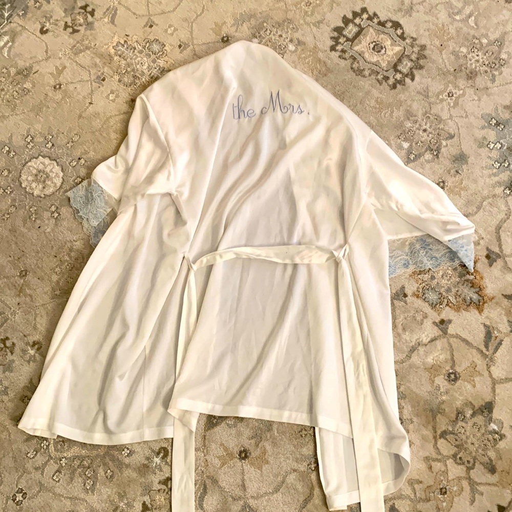 Satin white bridal robe, “The Mrs.” in blue, lace sleeve detail